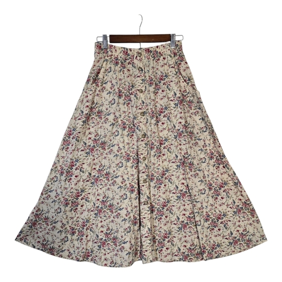 Vintage Creme Floral Buttondown A-Line Midi Skirt - Picture 1 of 6